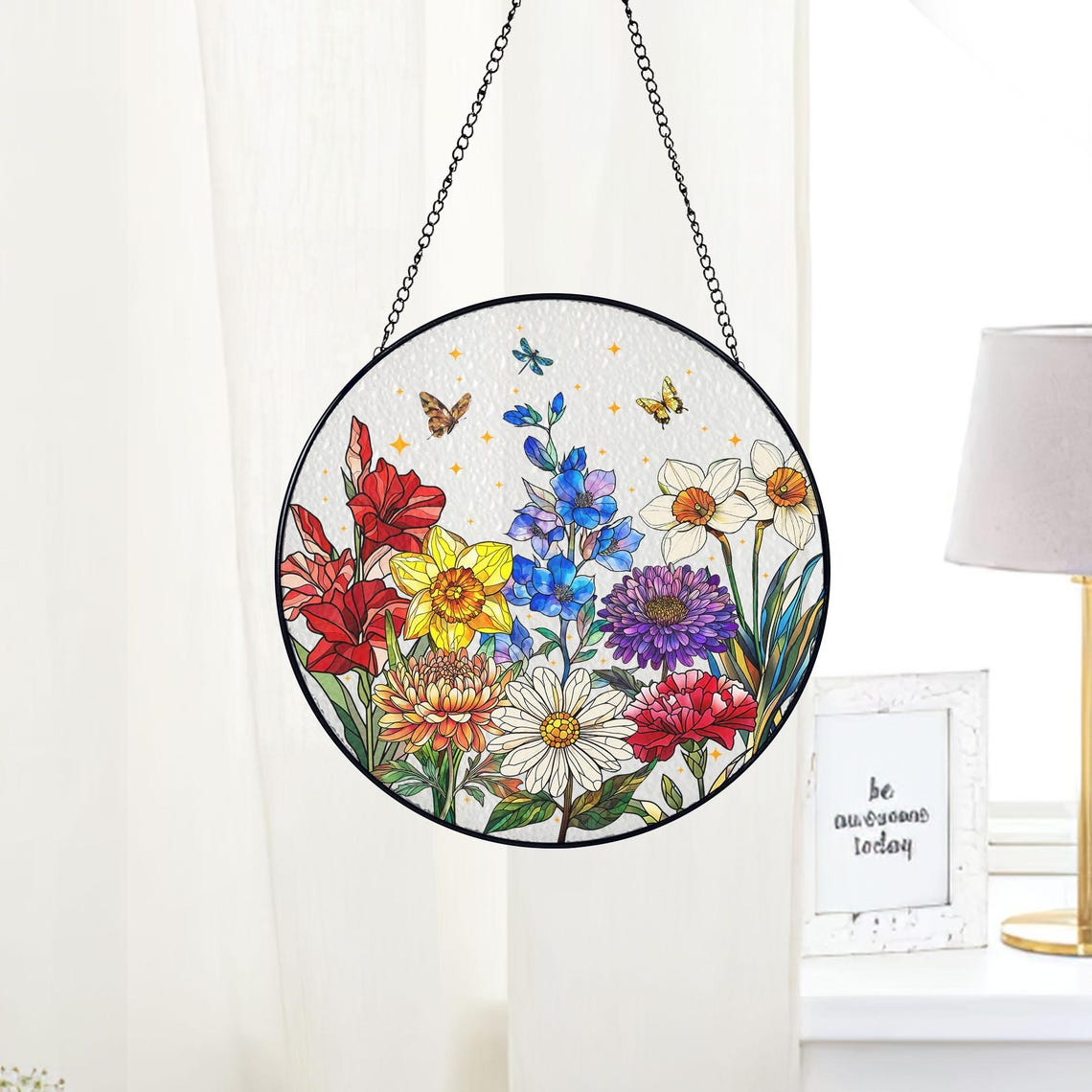 Personalized Grandmas Garden Birth Month Flower Stained Glass Suncatcher, Custom Moms Garden Hanging Art Decor, Mothers Day Gift for Grandma