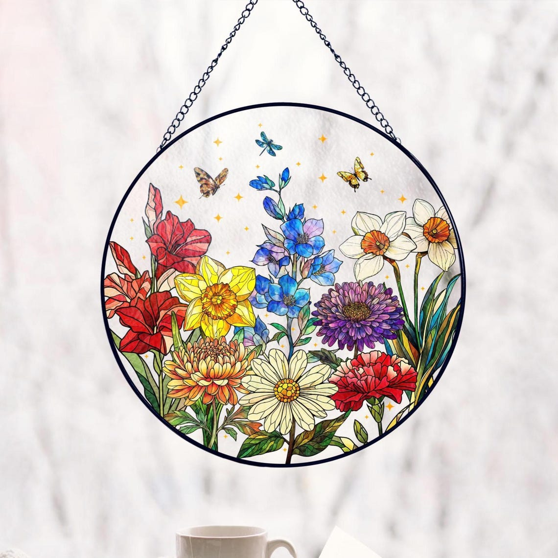 Personalized Grandmas Garden Birth Month Flower Stained Glass Suncatcher, Custom Moms Garden Hanging Art Decor, Mothers Day Gift for Grandma