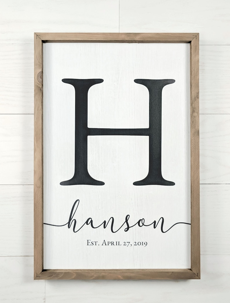 Personalized family nameplates, custom embroidered initials, framed wall art featuring the names of mothers and their children.