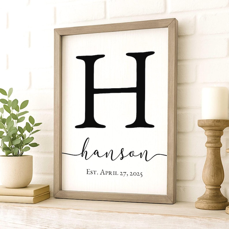Personalized family nameplates, custom embroidered initials, framed wall art featuring the names of mothers and their children.