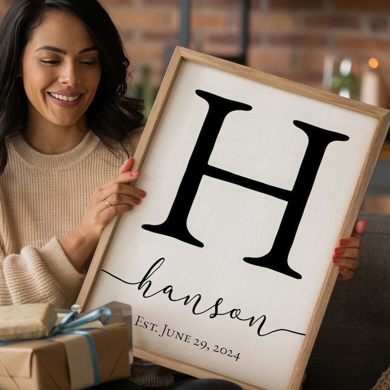 Personalized family nameplates, custom embroidered initials, framed wall art featuring the names of mothers and their children.