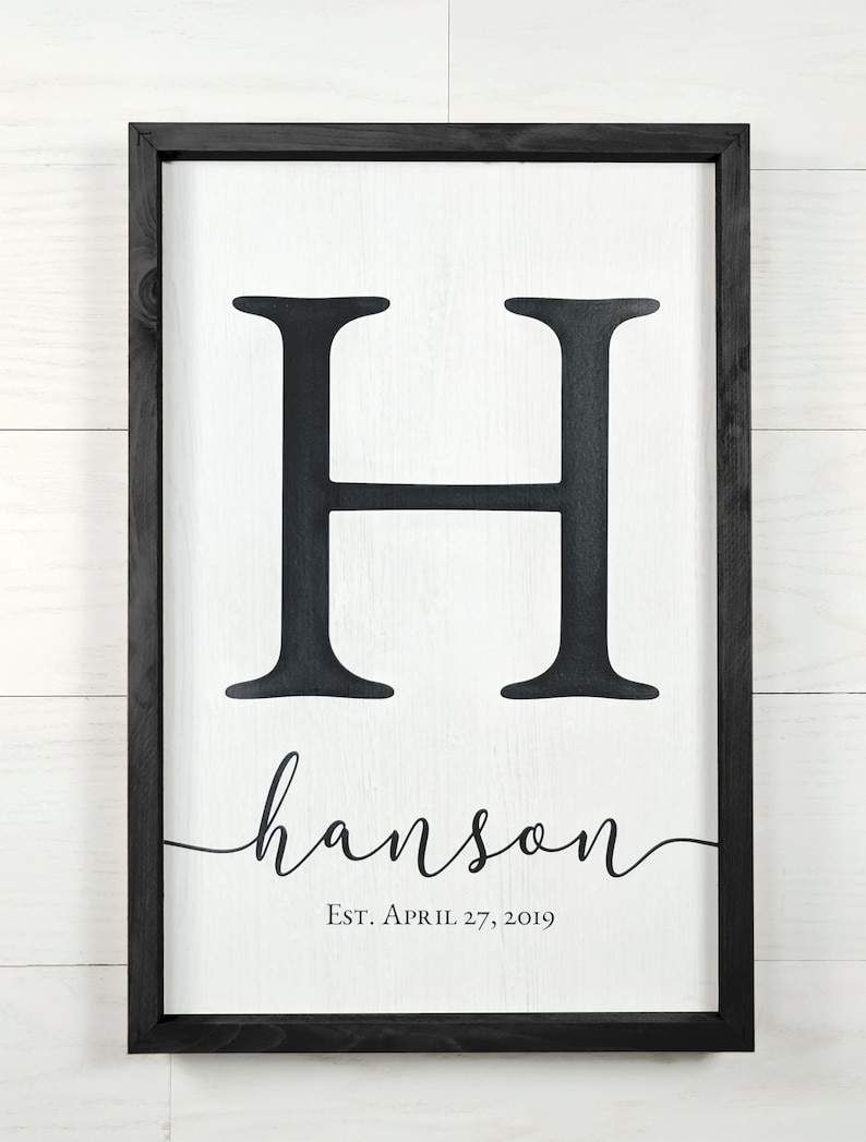Personalized family nameplates, custom embroidered initials, framed wall art featuring the names of mothers and their children.