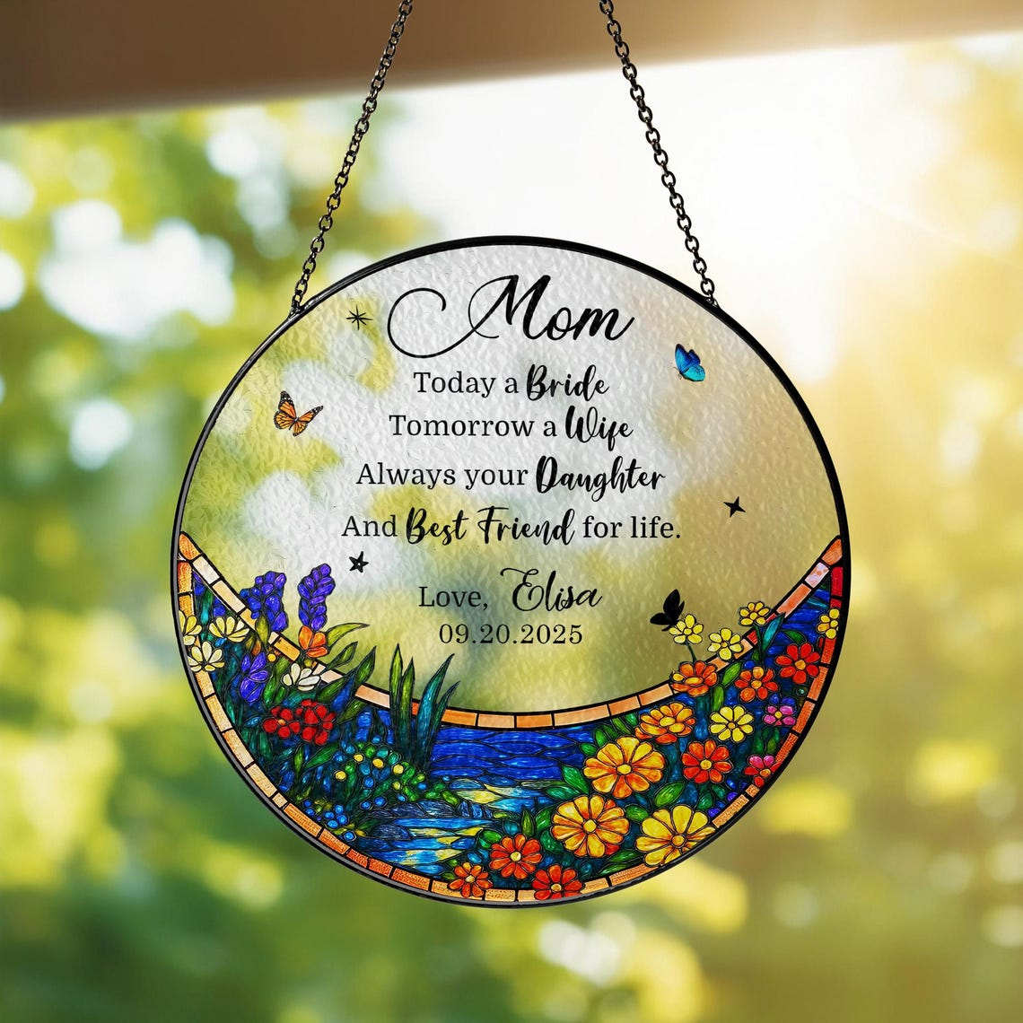 Mother of the Bride Suncatcher, Wedding Gift for Mom from Bride, Floral Stained Glass Keepsake, Today a Bride Always Your Daughter