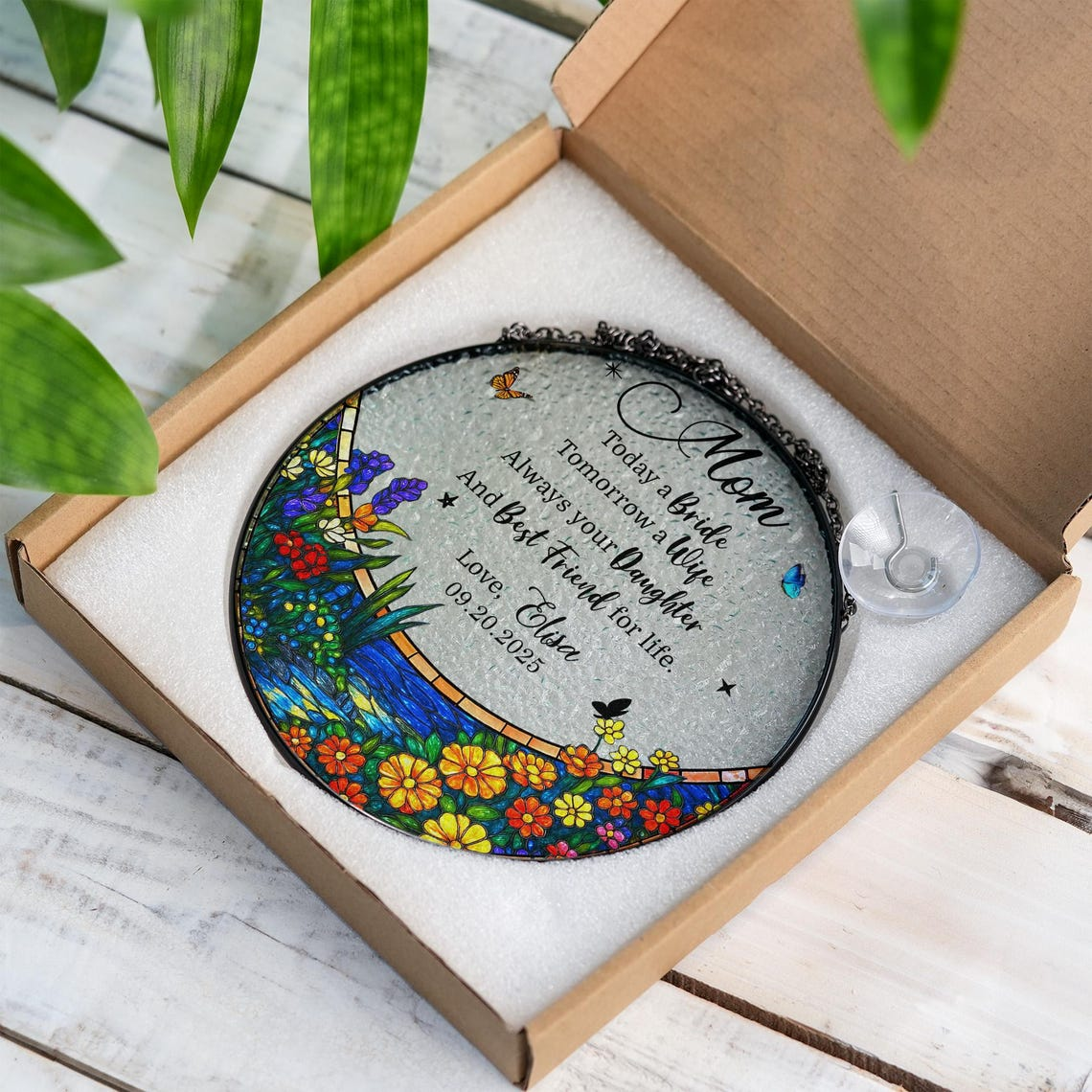 Mother of the Bride Suncatcher, Wedding Gift for Mom from Bride, Floral Stained Glass Keepsake, Today a Bride Always Your Daughter