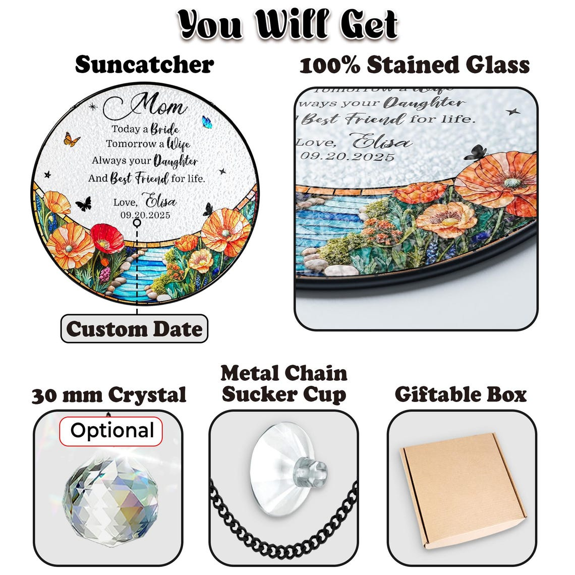 Mother of the Bride Suncatcher, Wedding Gift for Mom from Bride, Floral Stained Glass Keepsake, Today a Bride Always Your Daughter