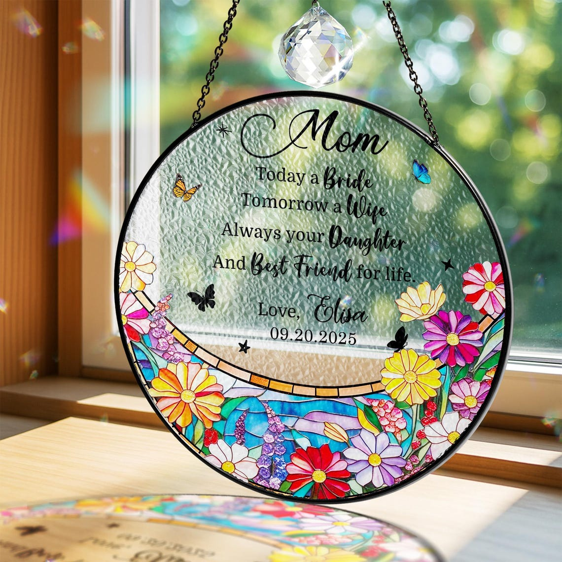 Mother of the Bride Suncatcher, Wedding Gift for Mom from Bride, Floral Stained Glass Keepsake, Today a Bride Always Your Daughter