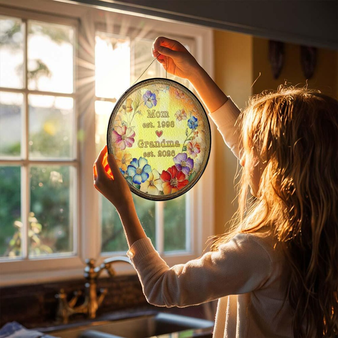 Personalized Mom Grandma Flower Stained Glass Suncatcher, Custom Floral Window Hanging Decor With Year, Grandma Gift, Mother's Day Gift