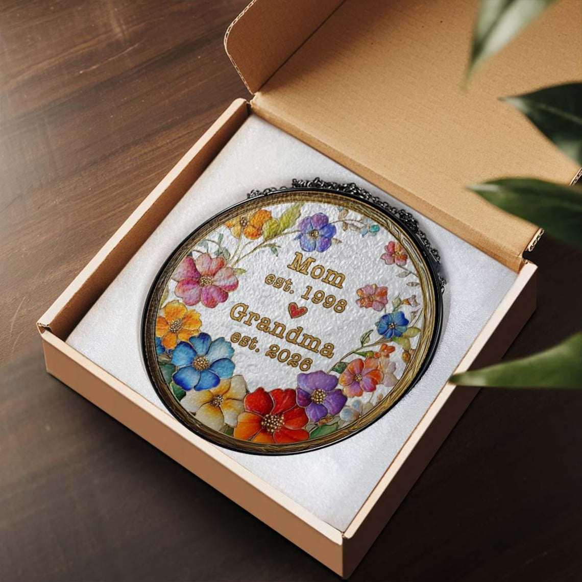 Personalized Mom Grandma Flower Stained Glass Suncatcher, Custom Floral Window Hanging Decor With Year, Grandma Gift, Mother's Day Gift