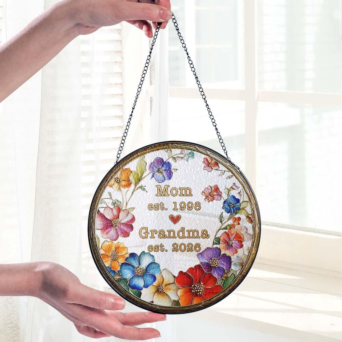 Personalized Mom Grandma Flower Stained Glass Suncatcher, Custom Floral Window Hanging Decor With Year, Grandma Gift, Mother's Day Gift