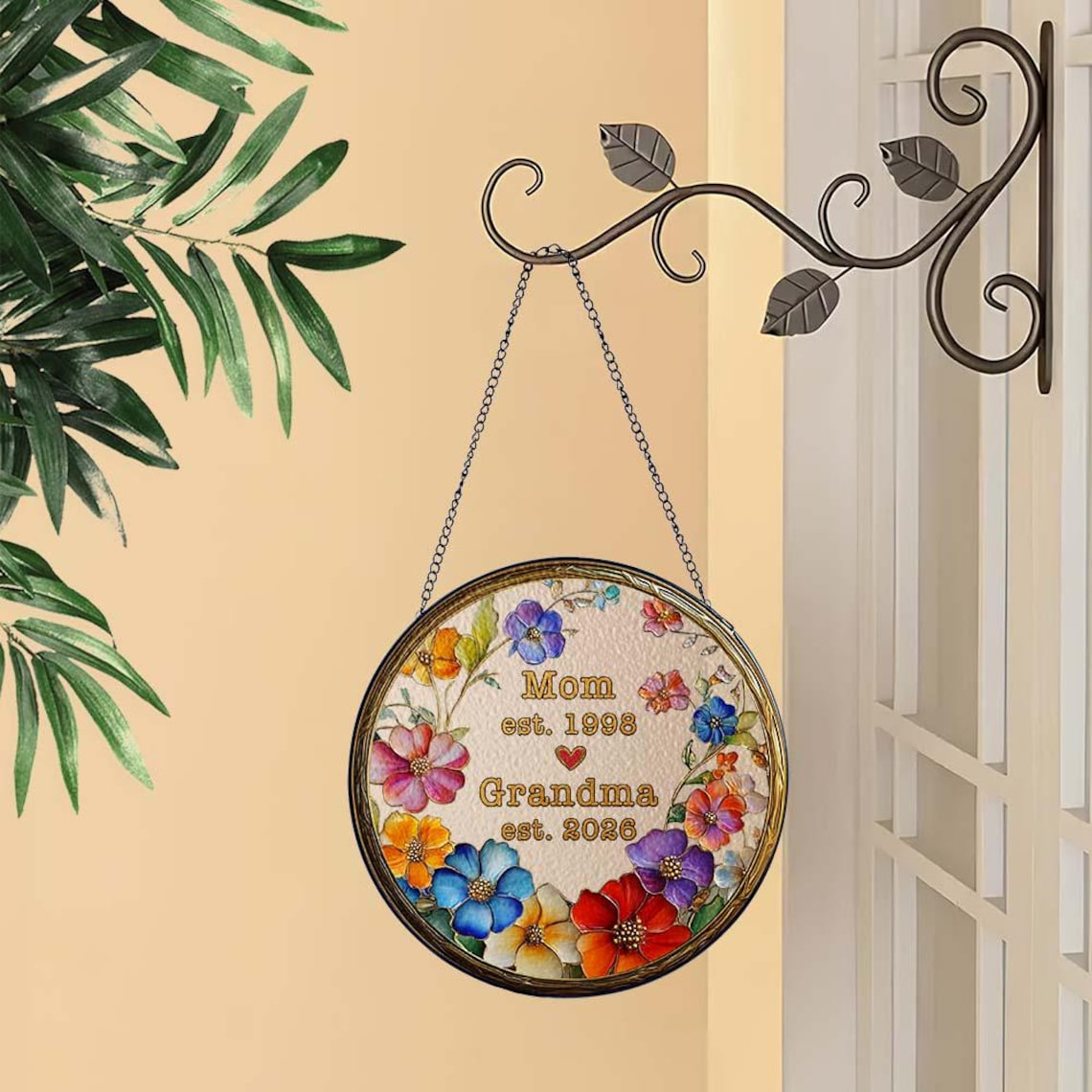 Personalized Mom Grandma Flower Stained Glass Suncatcher, Custom Floral Window Hanging Decor With Year, Grandma Gift, Mother's Day Gift