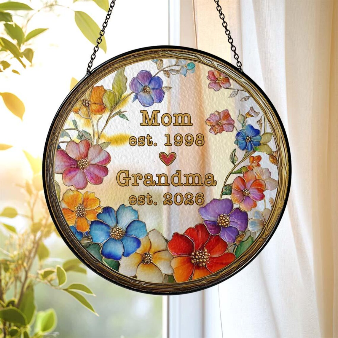 Personalized Mom Grandma Flower Stained Glass Suncatcher, Custom Floral Window Hanging Decor With Year, Grandma Gift, Mother's Day Gift