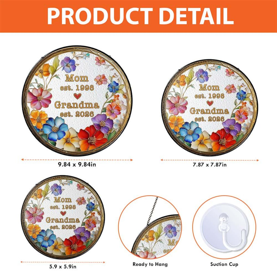 Personalized Mom Grandma Flower Stained Glass Suncatcher, Custom Floral Window Hanging Decor With Year, Grandma Gift, Mother's Day Gift