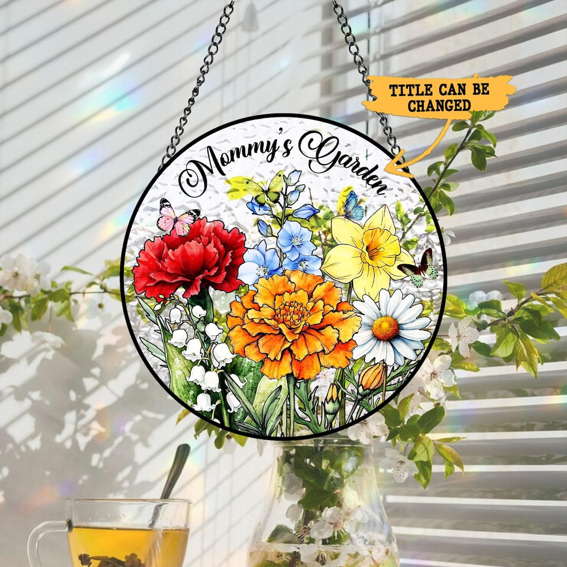 Personalized Family Birth Flower Suncatcher, Custom Glass Art, Mother's Day Gift, Mommy's Garden Decor, Nana's Blessings