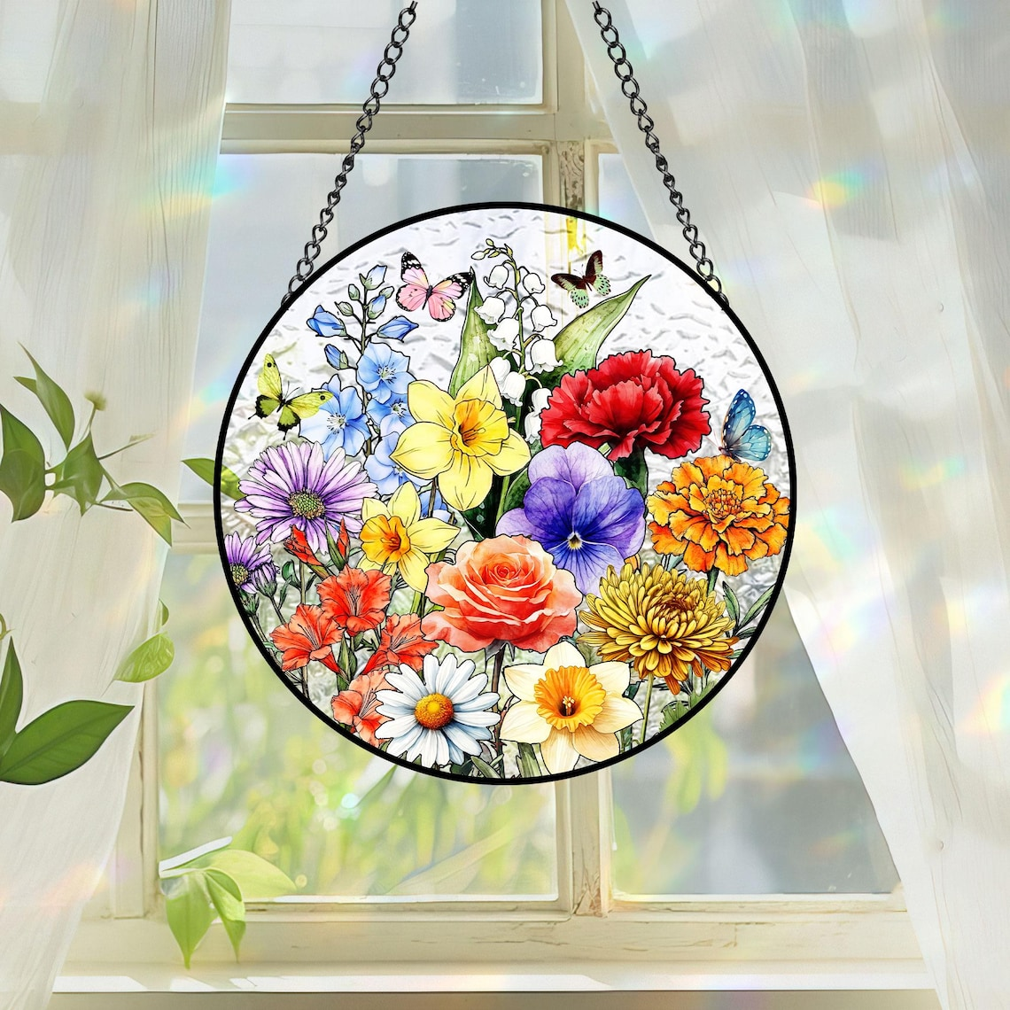 Personalized Family Birth Flower Suncatcher, Custom Glass Art, Mother's Day Gift, Mommy's Garden Decor, Nana's Blessings