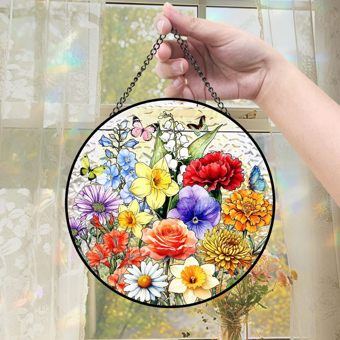 Personalized Family Birth Flower Suncatcher, Custom Glass Art, Mother's Day Gift, Mommy's Garden Decor, Nana's Blessings