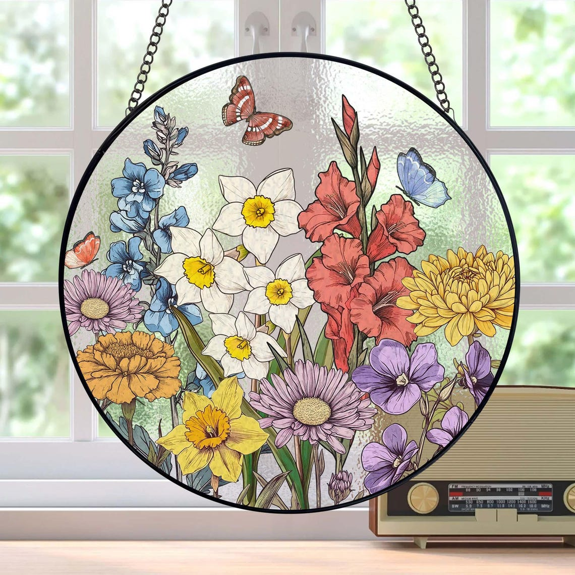 Custom Family Birth Flowers Stained Glass Suncatcher, Personalized Mom's Garden Gift, Birth Month Flower Glass Art Gift, Mother's Day Gift
