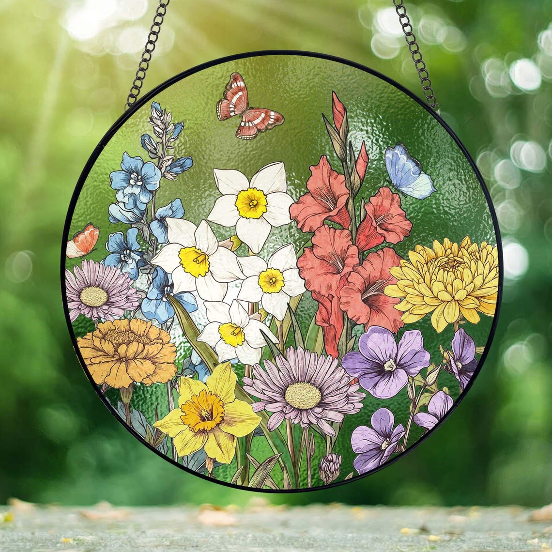 Custom Family Birth Flowers Stained Glass Suncatcher, Personalized Mom's Garden Gift, Birth Month Flower Glass Art Gift, Mother's Day Gift