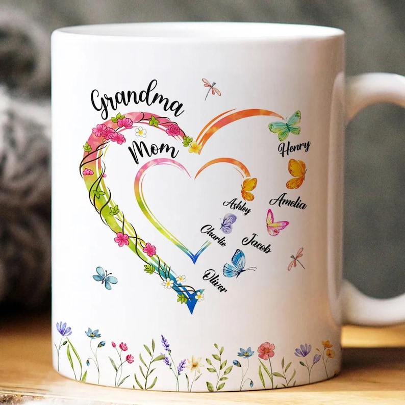 Personalized Birth Flower Heart Mug – Custom Name Coffee Cup – Gift for Mom, Grandma, or Nana – Butterfly Family Design – Mother’s Day & Birthday