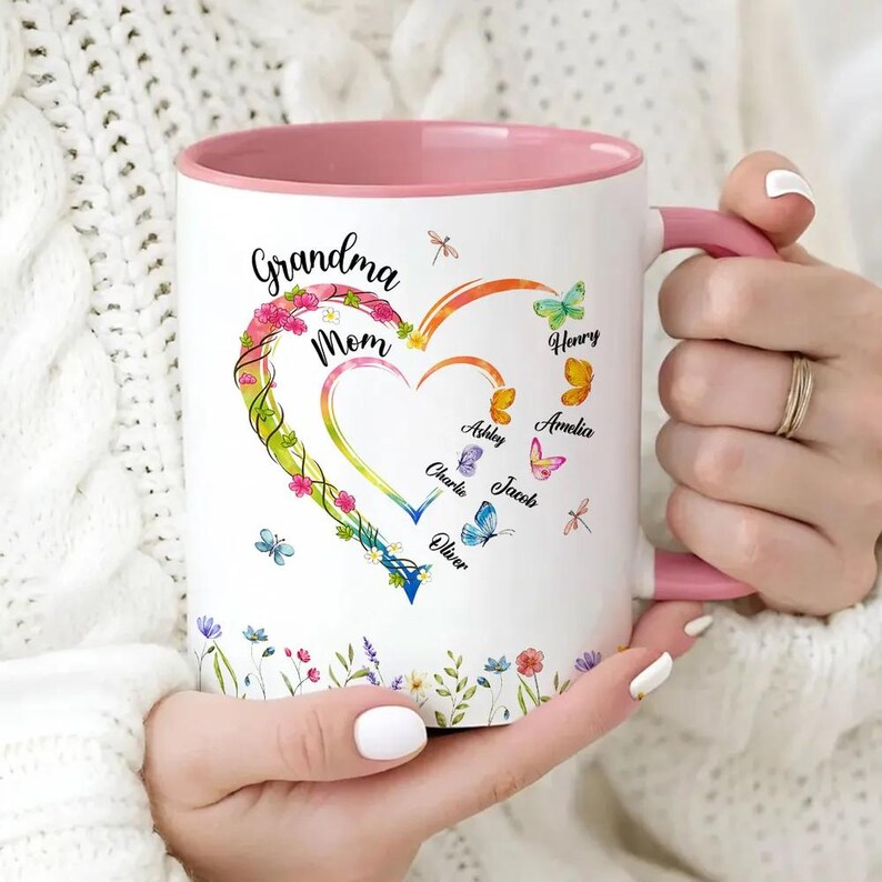 Personalized Birth Flower Heart Mug – Custom Name Coffee Cup – Gift for Mom, Grandma, or Nana – Butterfly Family Design – Mother’s Day & Birthday