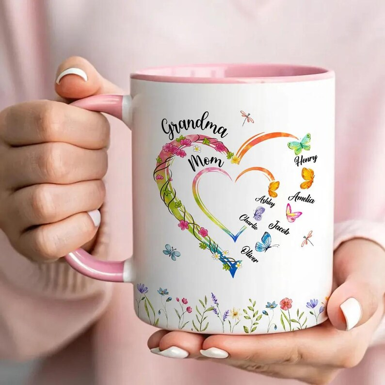 Personalized Birth Flower Heart Mug – Custom Name Coffee Cup – Gift for Mom, Grandma, or Nana – Butterfly Family Design – Mother’s Day & Birthday