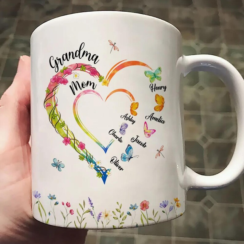 Personalized Birth Flower Heart Mug – Custom Name Coffee Cup – Gift for Mom, Grandma, or Nana – Butterfly Family Design – Mother’s Day & Birthday