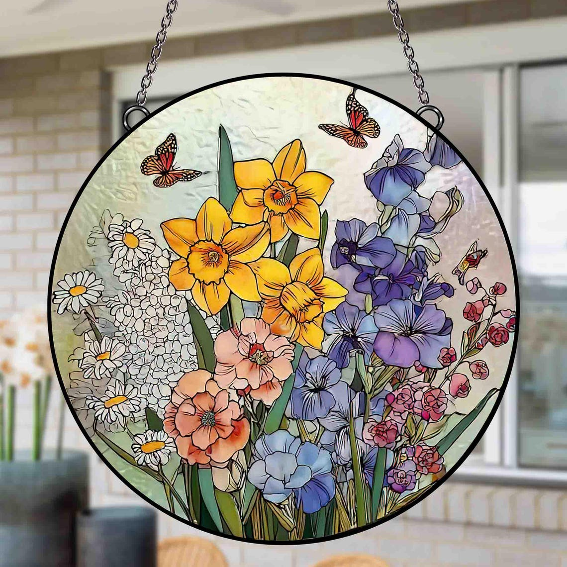 Custom Family Birth Flower Stained Glass Suncatcher, Personalized Birth Month Window Hanging, Floral Window Decor Gift, Gift for Mom Grandma