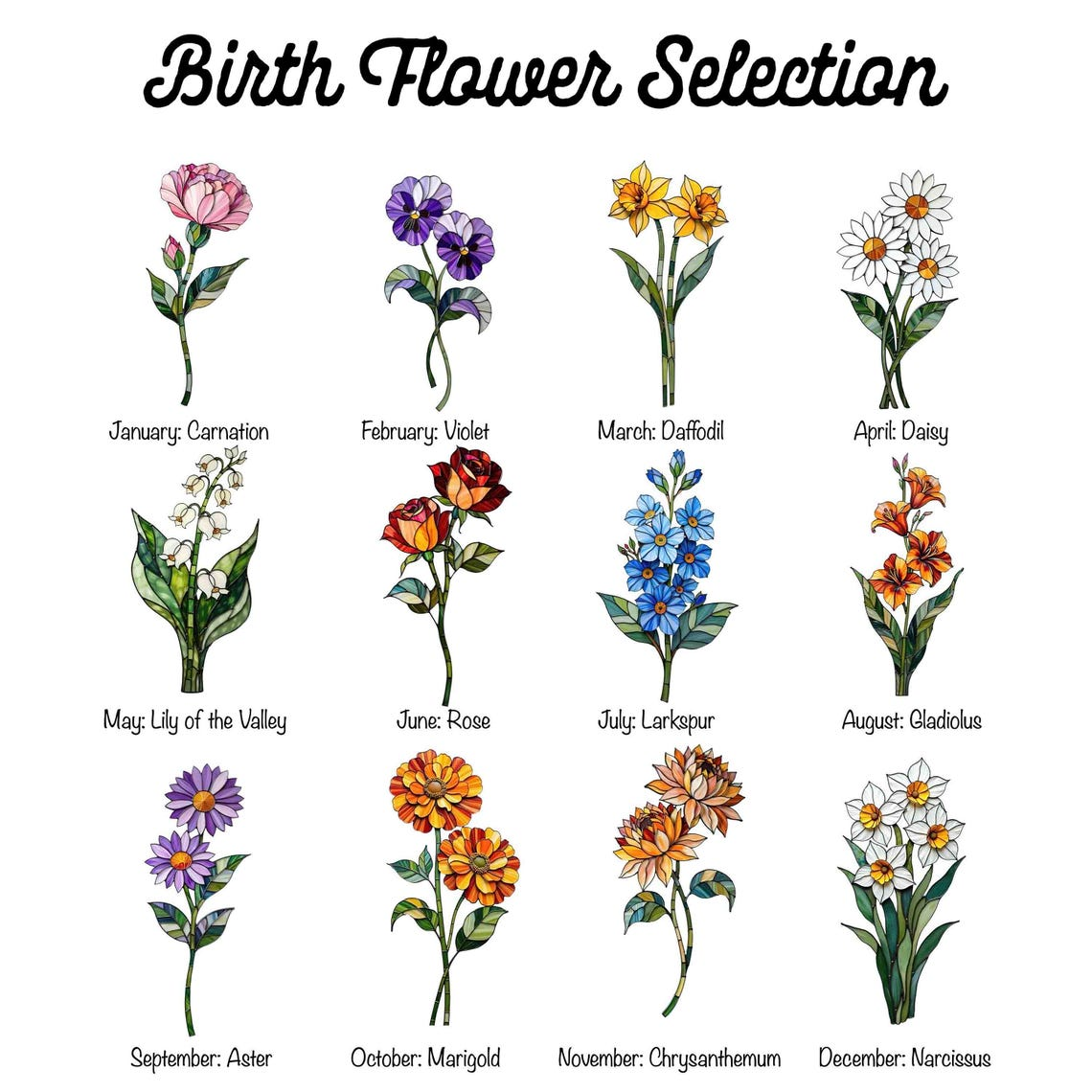 Custom Family Birth Flower Stained Glass Suncatcher, Personalized Birth Month Window Hanging, Floral Window Decor Gift, Gift for Mom Grandma