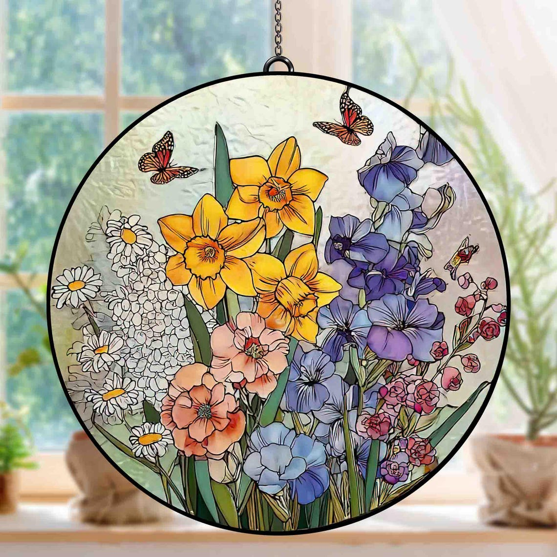 Custom Family Birth Flower Stained Glass Suncatcher, Personalized Birth Month Window Hanging, Floral Window Decor Gift, Gift for Mom Grandma