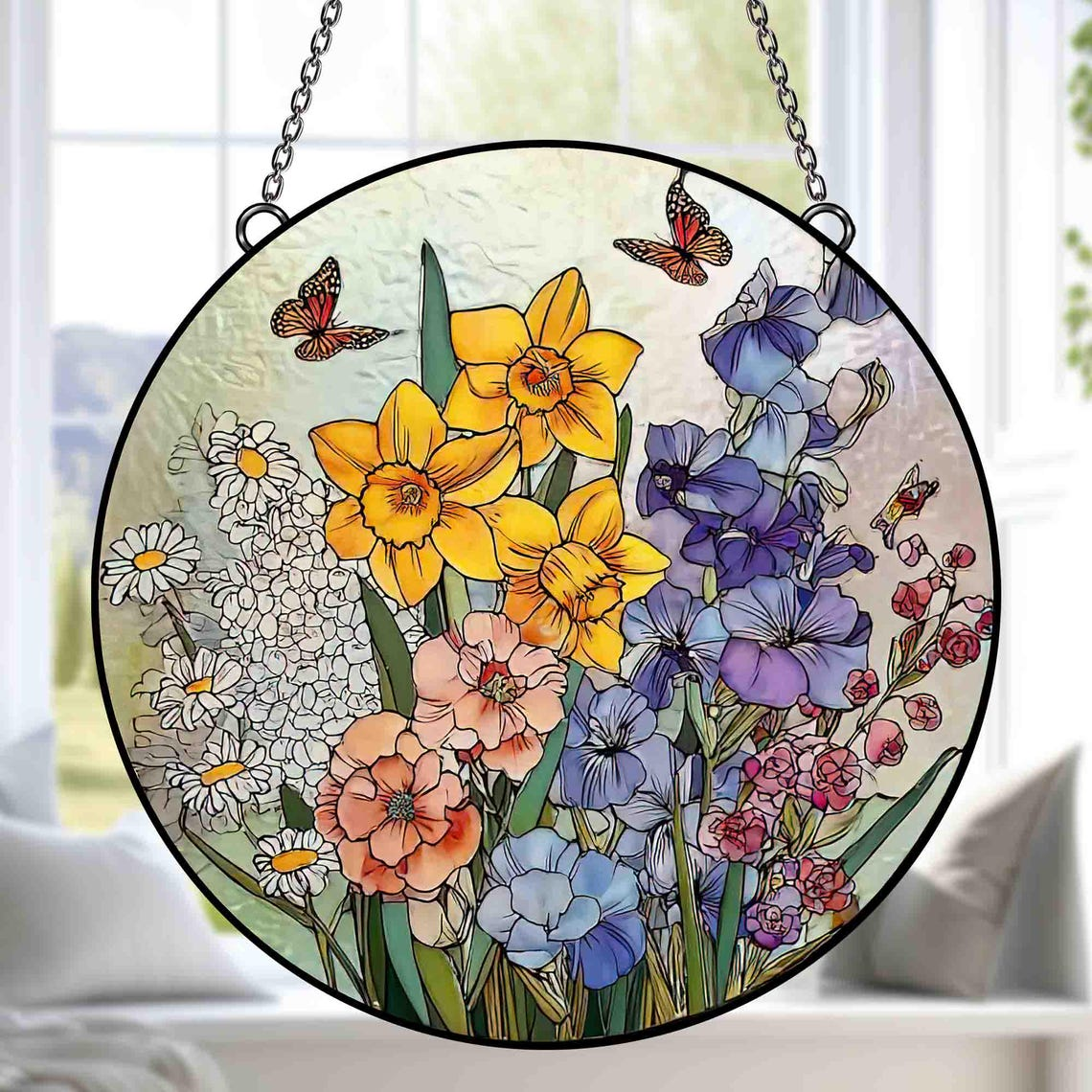Custom Family Birth Flower Stained Glass Suncatcher, Personalized Birth Month Window Hanging, Floral Window Decor Gift, Gift for Mom Grandma