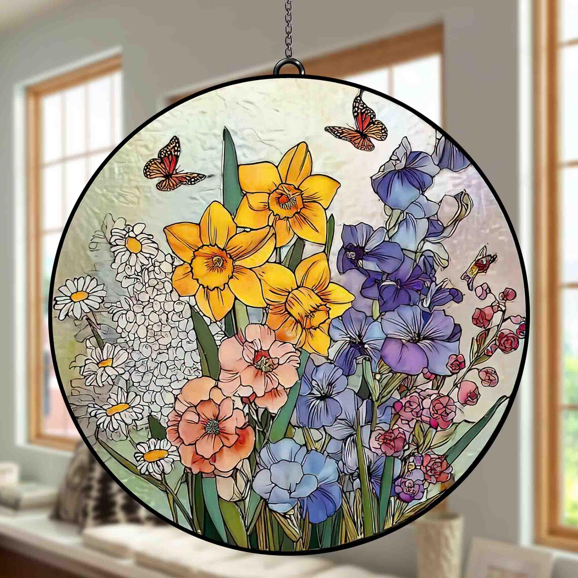 Custom Family Birth Flower Stained Glass Suncatcher, Personalized Birth Month Window Hanging, Floral Window Decor Gift, Gift for Mom Grandma