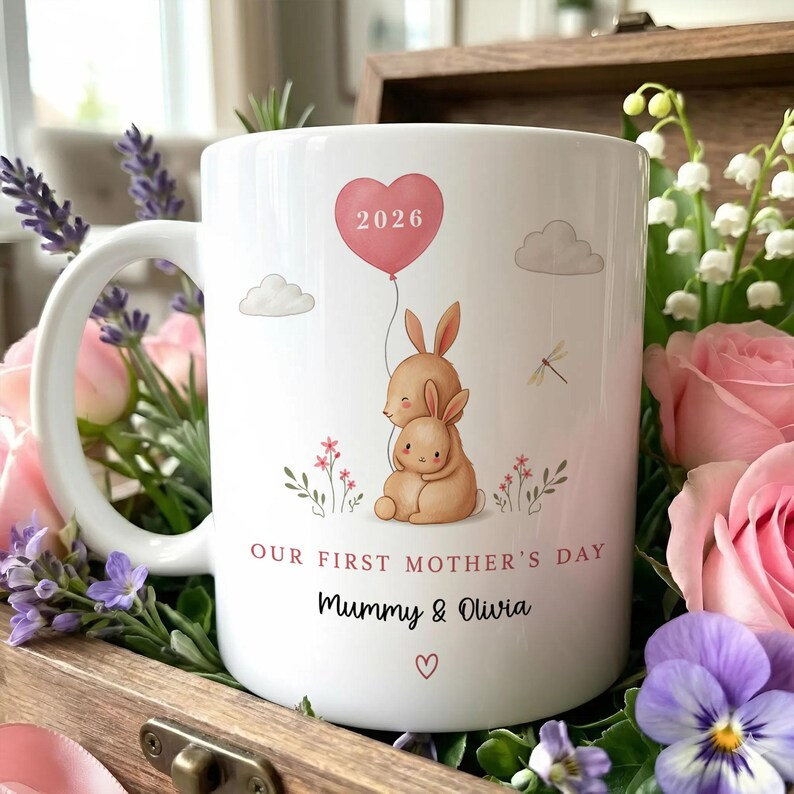 Personalized Our First Mother’s Day Mug – New Mom Gift – Bunny Mummy Coffee Cup – 1st Mother’s Day 2026 Keepsake for Her