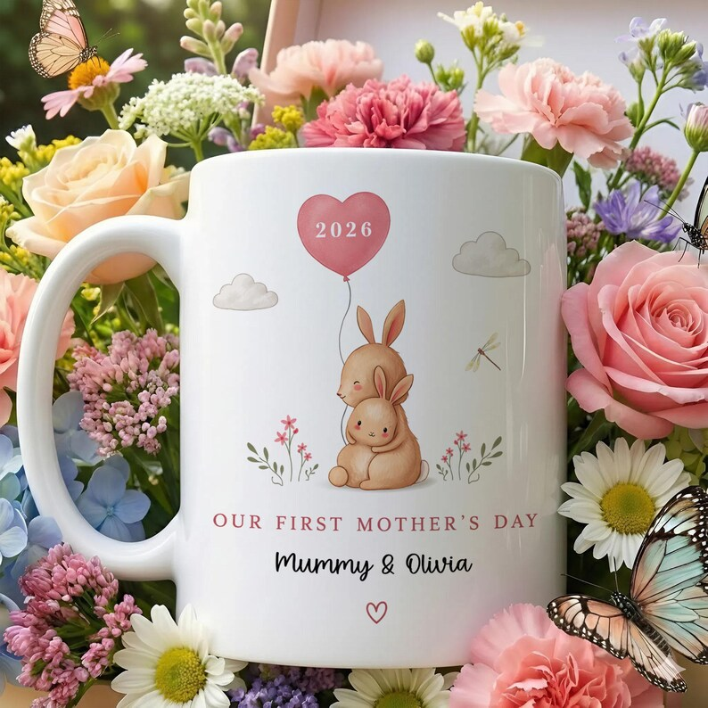 Personalized Our First Mother’s Day Mug – New Mom Gift – Bunny Mummy Coffee Cup – 1st Mother’s Day 2026 Keepsake for Her