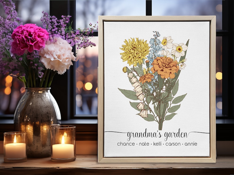 Personalized Birth Flower Bouquet Canvas: Grandma's Garden Art