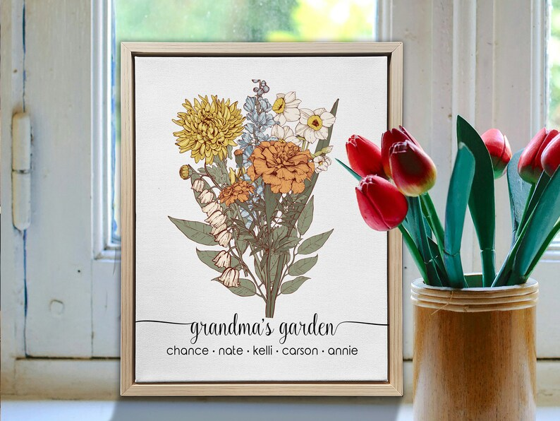 Personalized Birth Flower Bouquet Canvas: Grandma's Garden Art