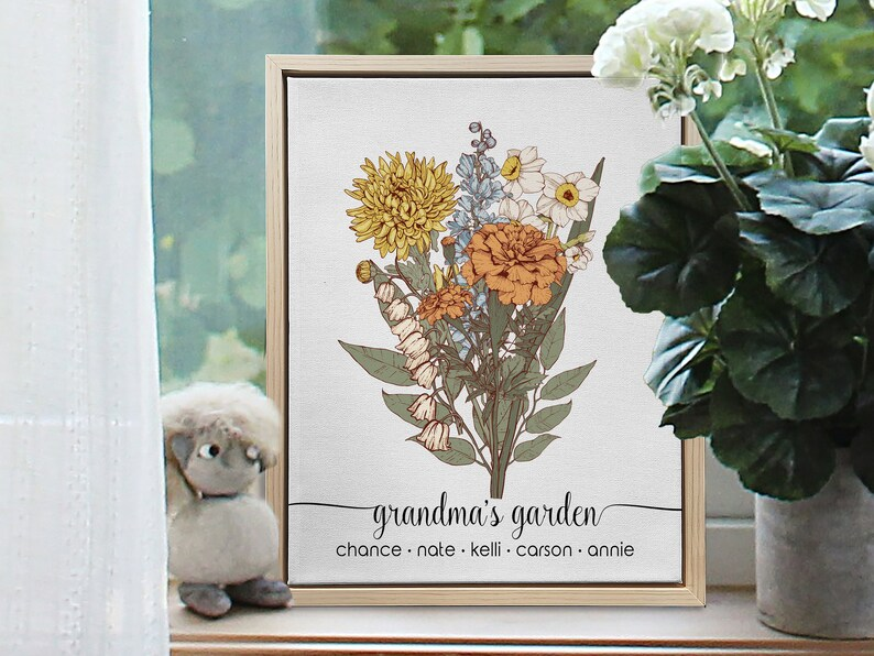 Personalized Birth Flower Bouquet Canvas: Grandma's Garden Art