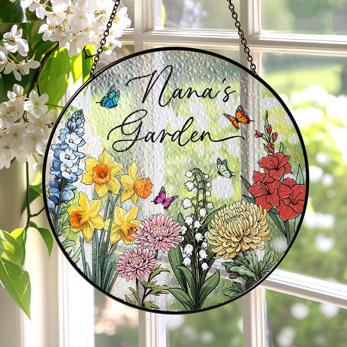 Custom Family Birth Flowers Glass Suncatcher, Custom Mom's Garden Gift,Flower Glass Art,Birth Flower Gift For Nana,Mother's Day Gift For Mom