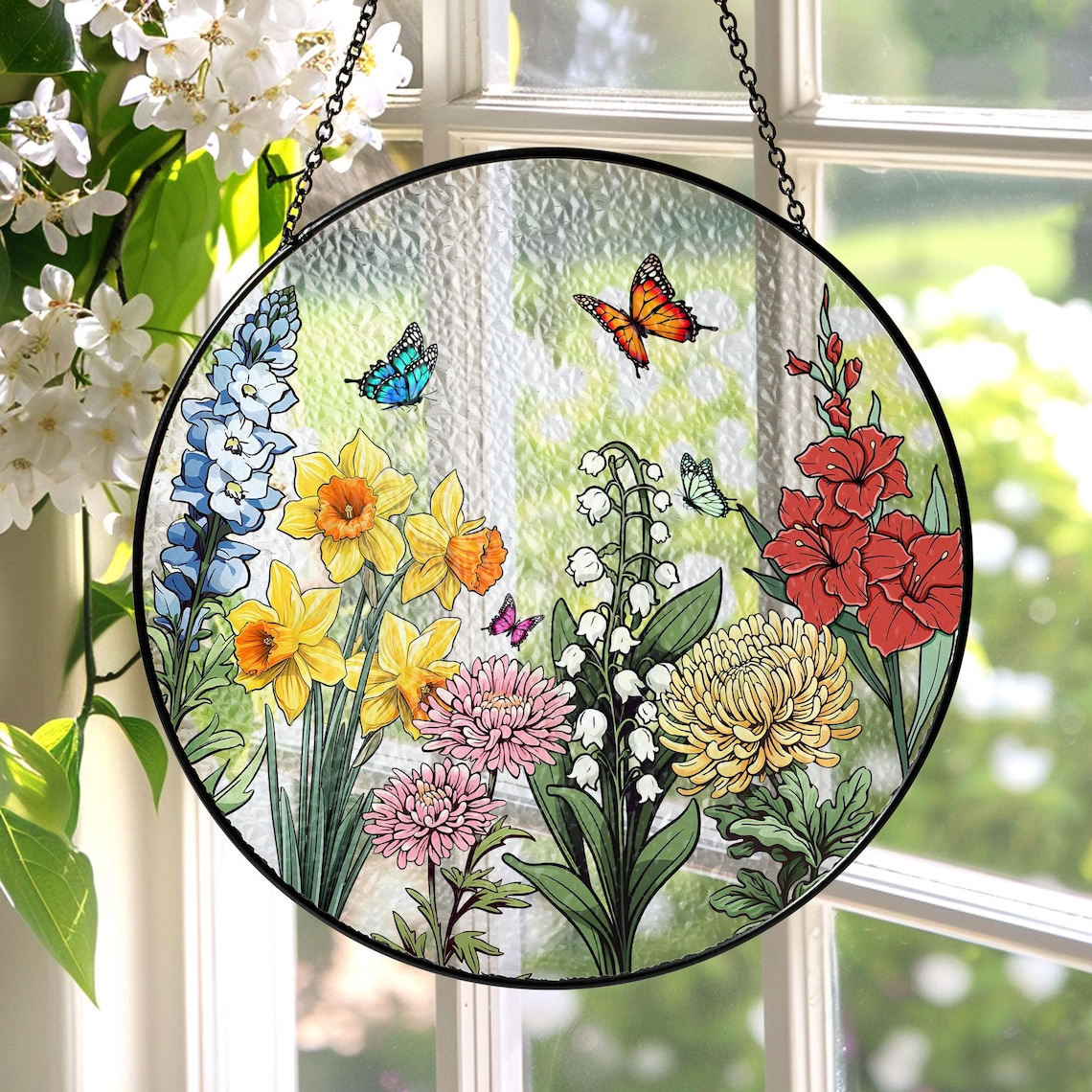 Custom Family Birth Flowers Glass Suncatcher, Custom Mom's Garden Gift,Flower Glass Art,Birth Flower Gift For Nana,Mother's Day Gift For Mom