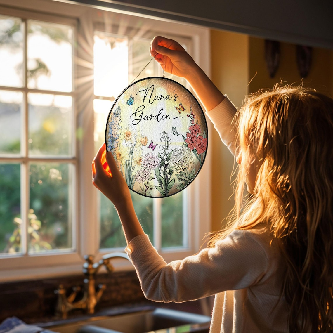 Custom Family Birth Flowers Glass Suncatcher, Custom Mom's Garden Gift,Flower Glass Art,Birth Flower Gift For Nana,Mother's Day Gift For Mom