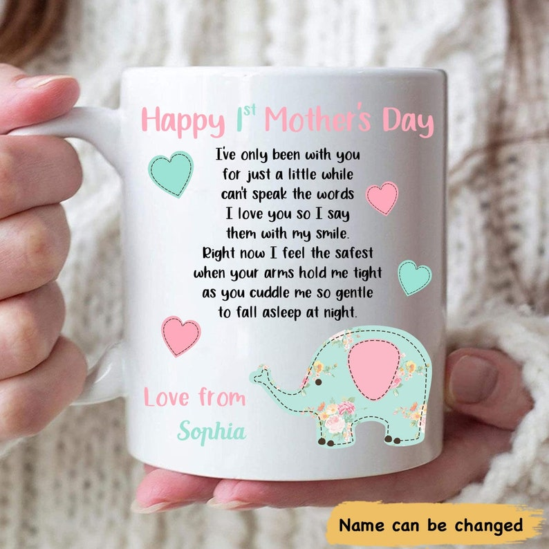 Personalized 1st Mother’s Day Elephant Mug – Custom Name Coffee Cup – First Mother’s Day Gift for Mom – Cute New Mom Keepsake