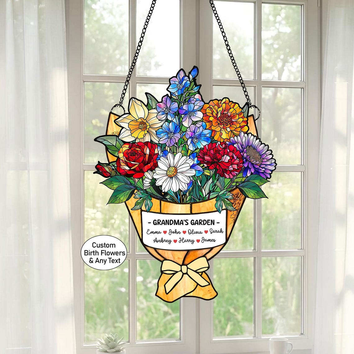 Personalized Grandma's Garden Suncatcher, Birth Month Flower Acrylic Window Hanging Mother Day Gift, Family Flower Bouquet