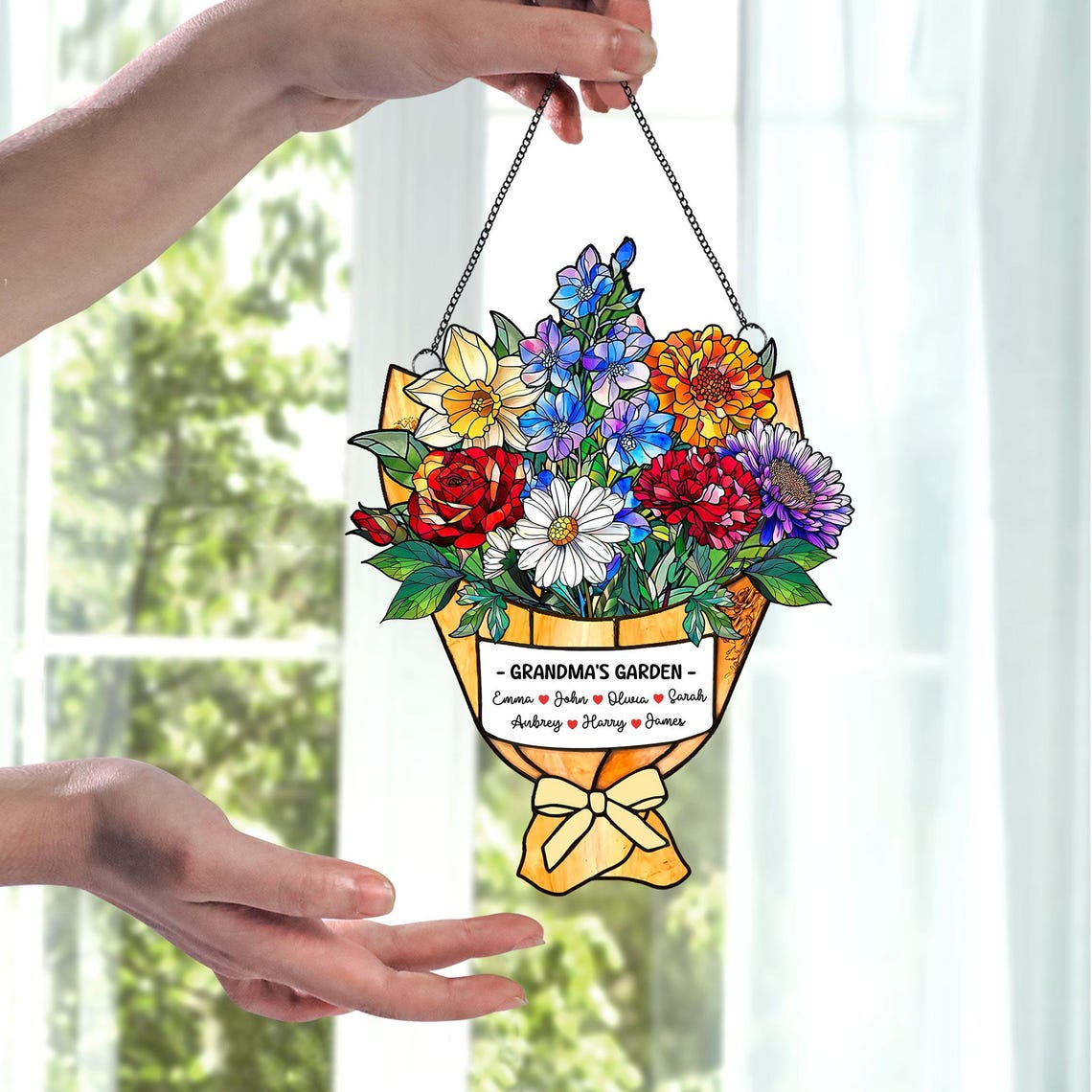 Personalized Grandma's Garden Suncatcher, Birth Month Flower Acrylic Window Hanging Mother Day Gift, Family Flower Bouquet