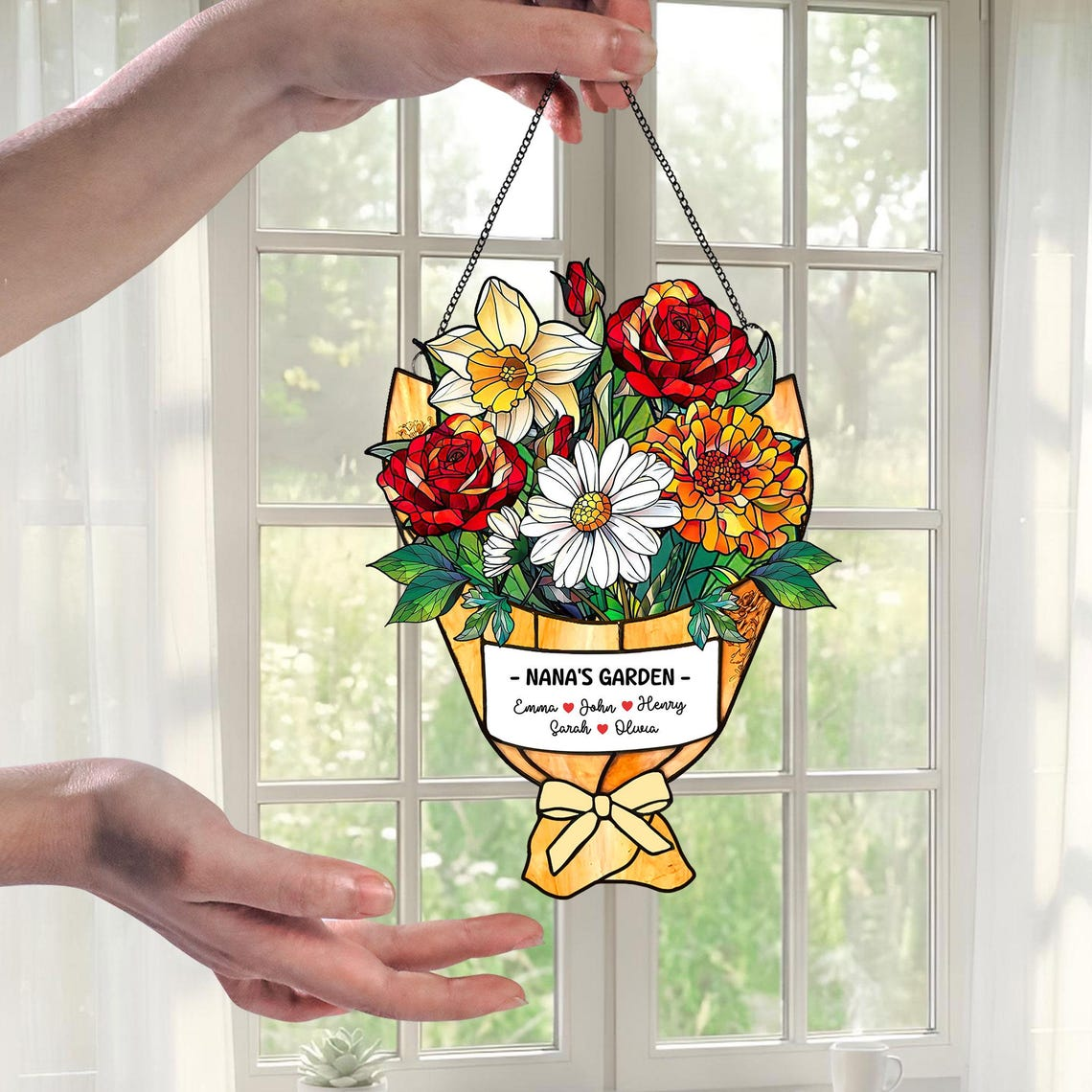 Personalized Grandma's Garden Suncatcher, Birth Month Flower Acrylic Window Hanging Mother Day Gift, Family Flower Bouquet