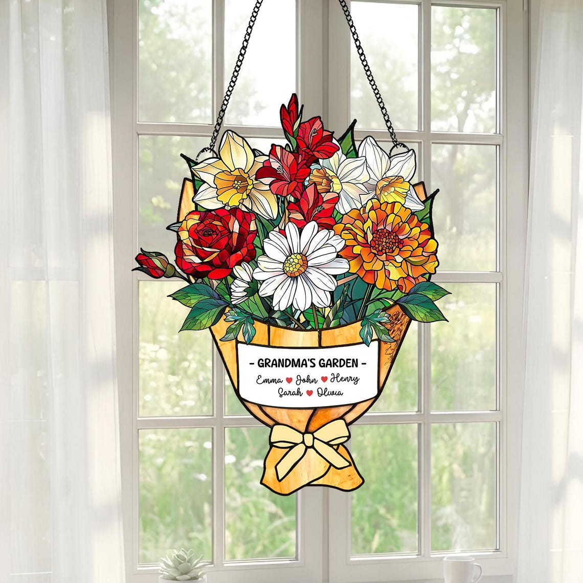 Personalized Grandma's Garden Suncatcher, Birth Month Flower Acrylic Window Hanging Mother Day Gift, Family Flower Bouquet