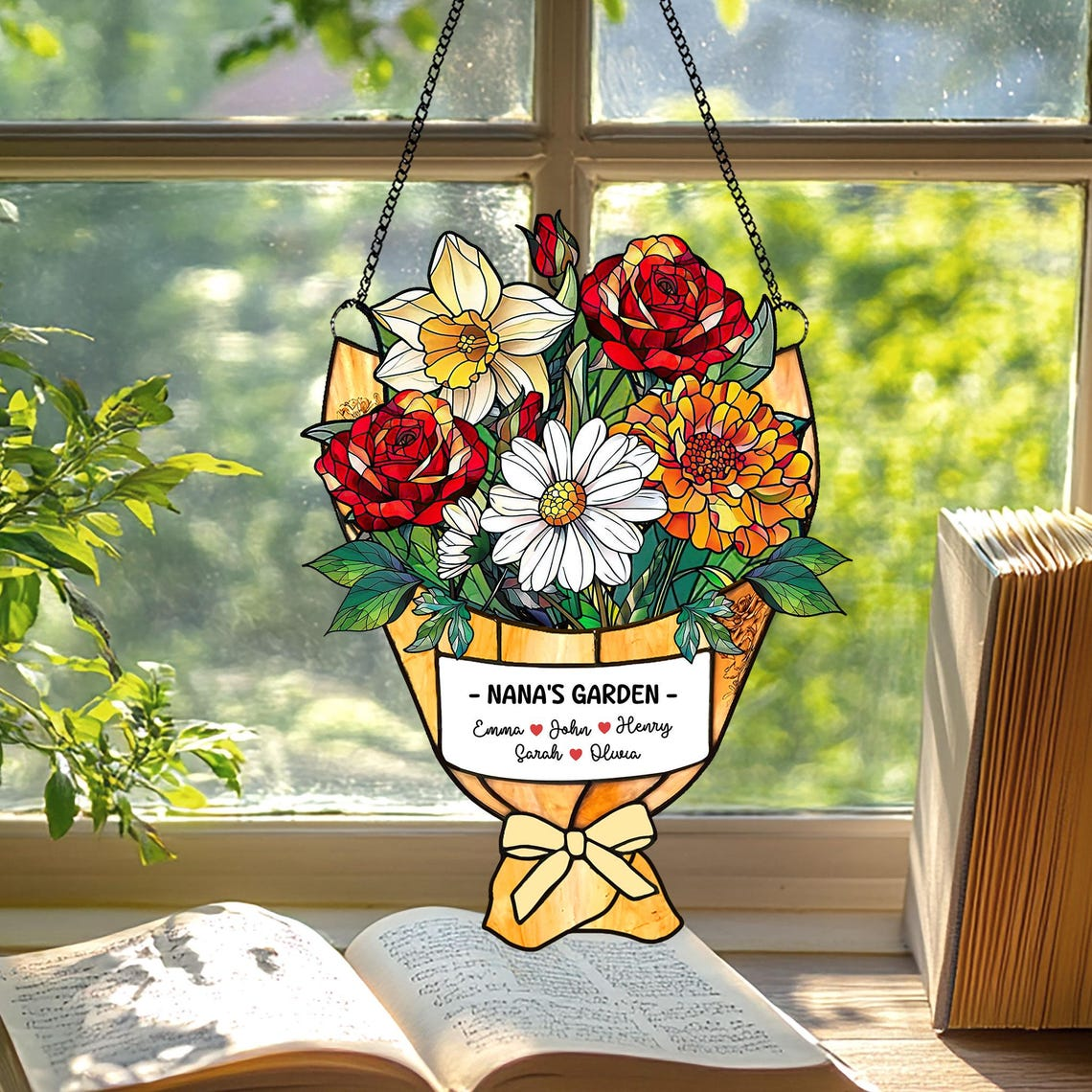 Personalized Grandma's Garden Suncatcher, Birth Month Flower Acrylic Window Hanging Mother Day Gift, Family Flower Bouquet