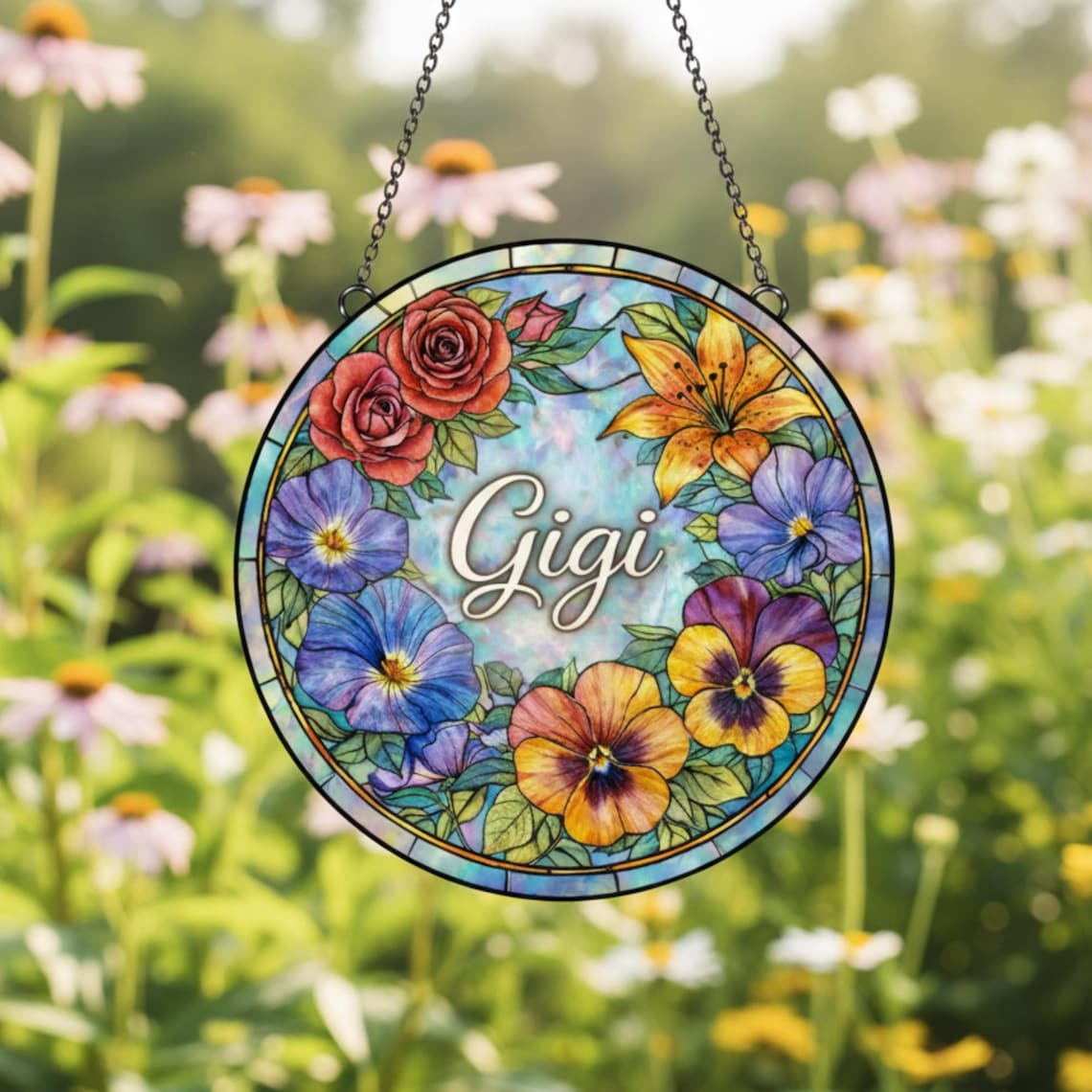 Custom Name Floral Gigi Suncatcher Stained Glass Mothers Day, Personalized Flowers Art Window Hangings Gift Unique Mom Grandma from Grandkid