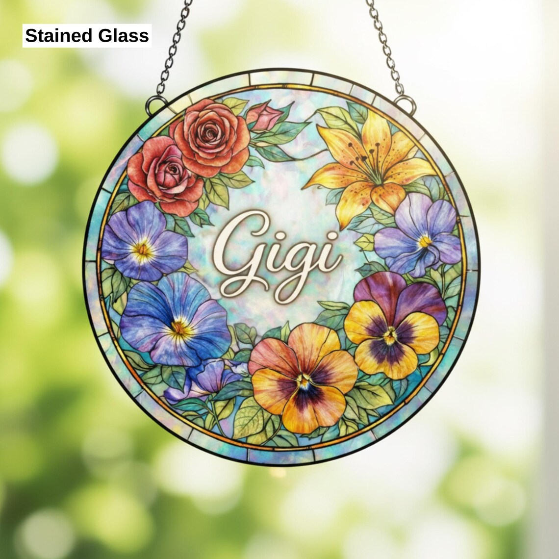 Custom Name Floral Gigi Suncatcher Stained Glass Mothers Day, Personalized Flowers Art Window Hangings Gift Unique Mom Grandma from Grandkid