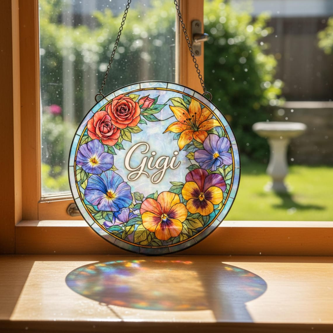 Custom Name Floral Gigi Suncatcher Stained Glass Mothers Day, Personalized Flowers Art Window Hangings Gift Unique Mom Grandma from Grandkid