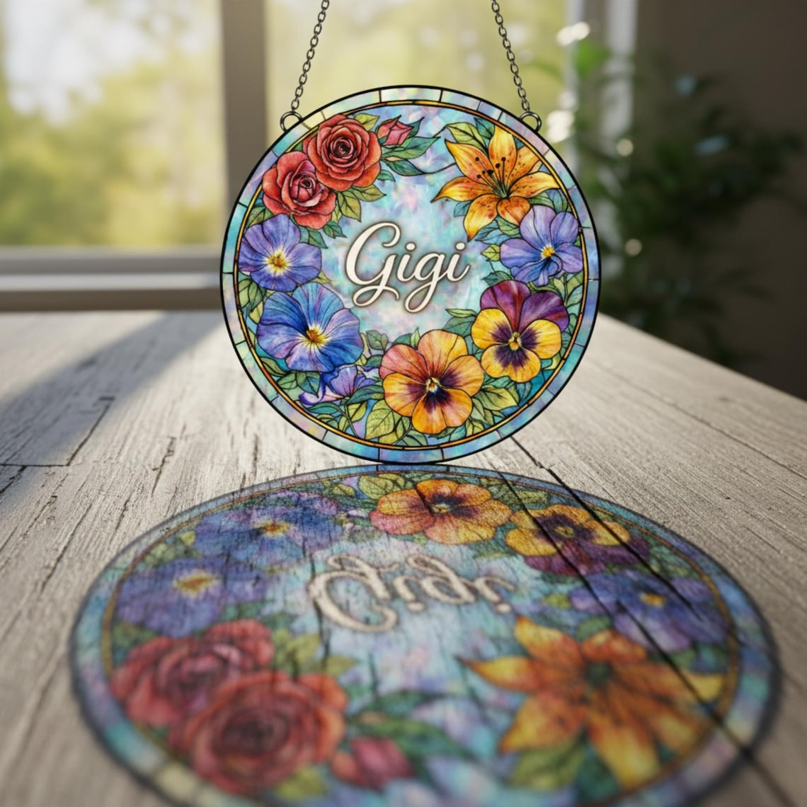 Custom Name Floral Gigi Suncatcher Stained Glass Mothers Day, Personalized Flowers Art Window Hangings Gift Unique Mom Grandma from Grandkid
