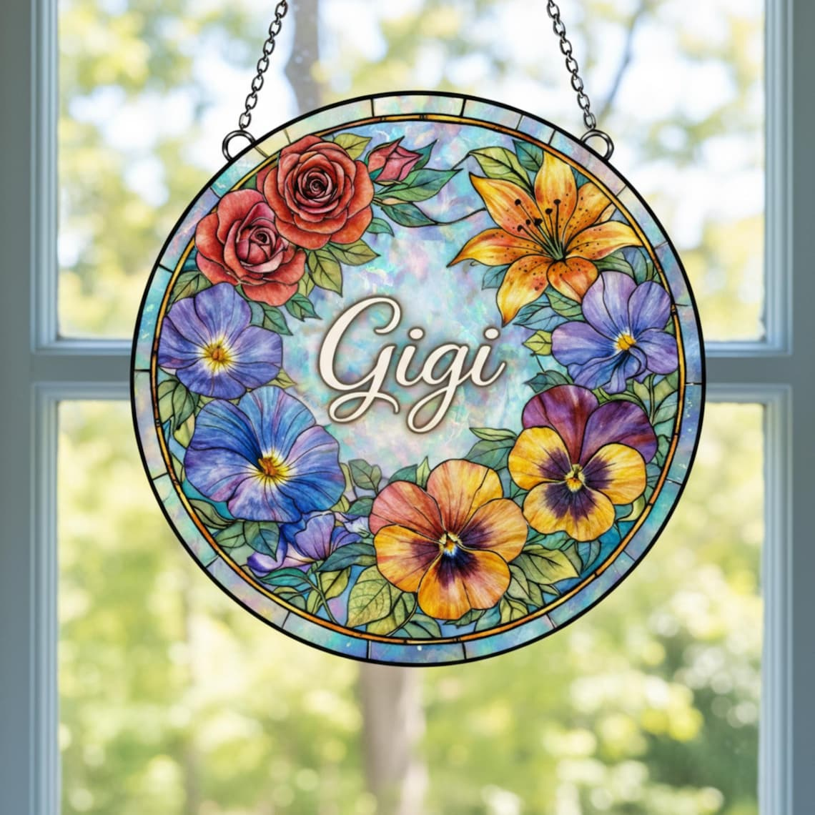 Custom Name Floral Gigi Suncatcher Stained Glass Mothers Day, Personalized Flowers Art Window Hangings Gift Unique Mom Grandma from Grandkid