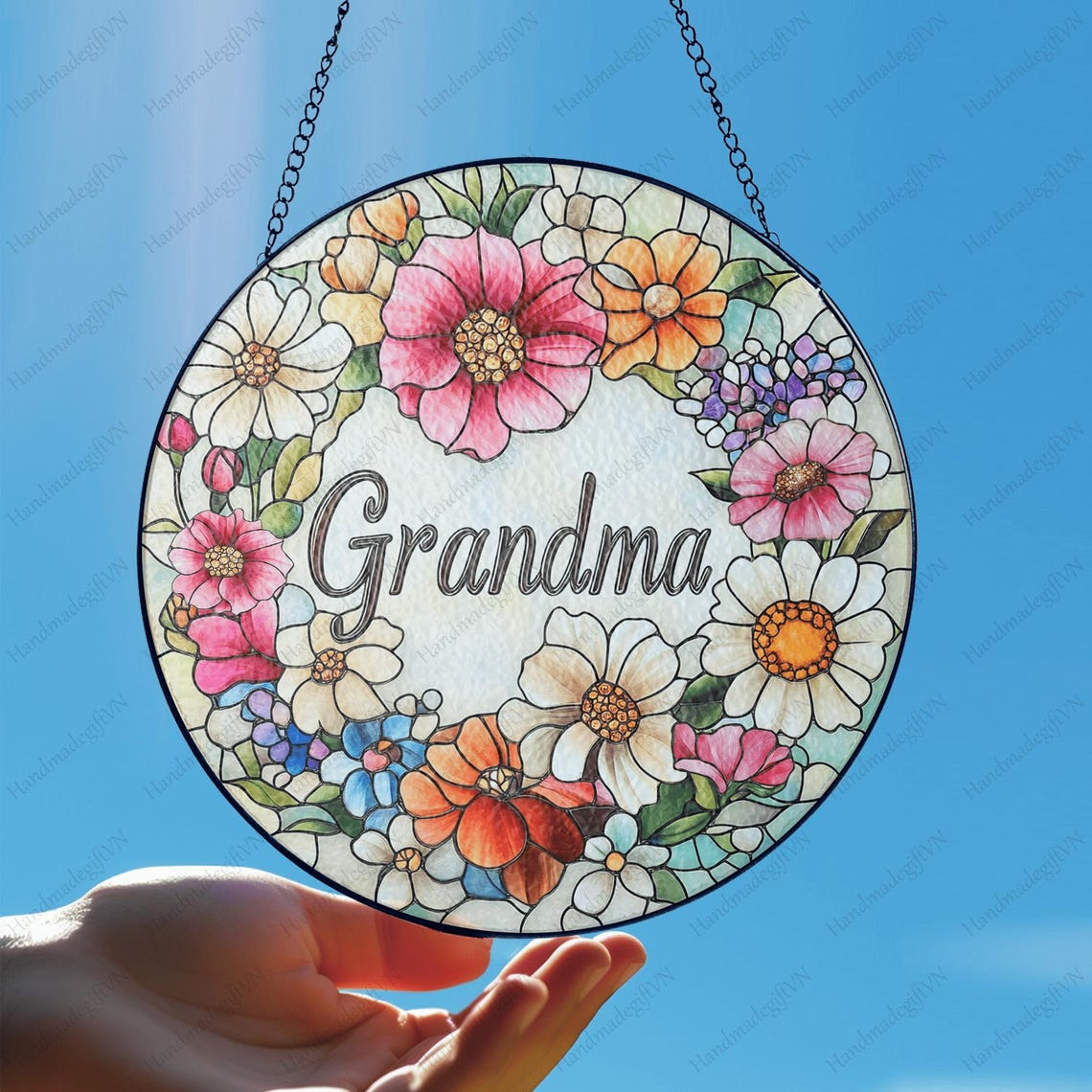 Personalized Grandma Glass Suncatcher, Christmas Gift for Grandma Nana Mimi Gigi Floral Sun Catcher Window Hanging Decor, Mama Gift From Kid